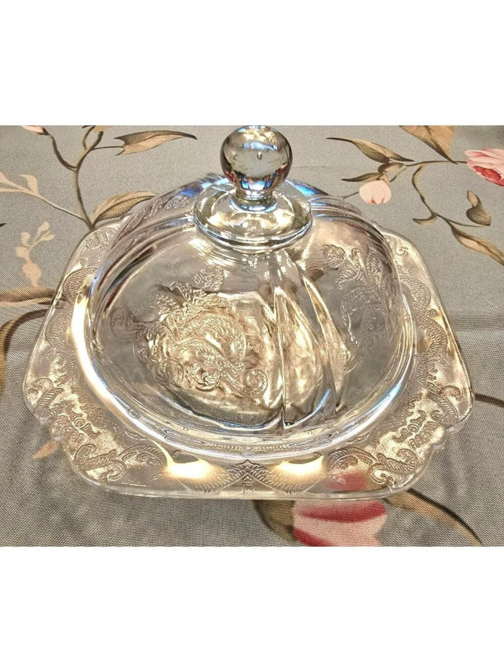 Vintage Federal Glass Butter Dish Madrid Etched Floral Square Base JH8028